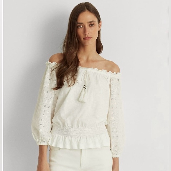Lauren Ralph Lauren Tops - Ralph Lauren Women’s 💯 % cottonEyelet Off-The-Shoulder Pullover Top White, PM/M